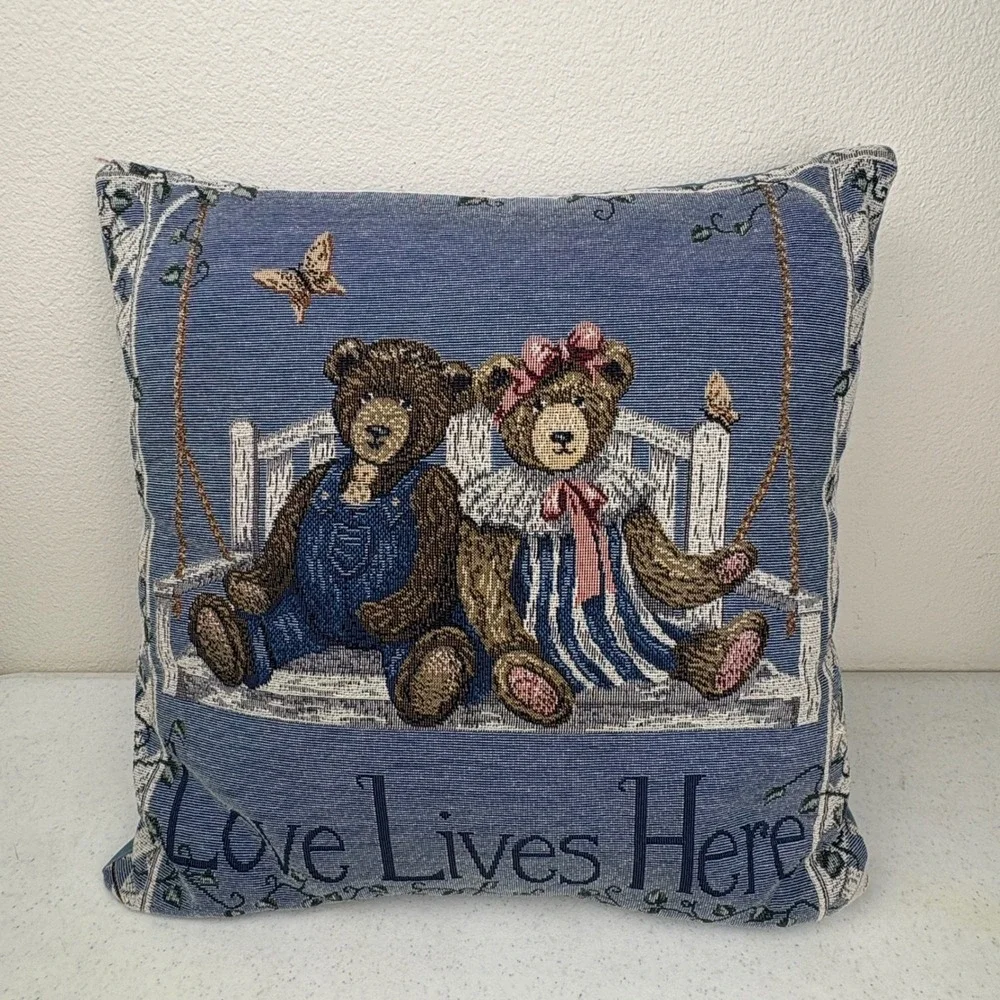 Vintage Woven Tapestry Teddy Bear‎ Porch Swing Love Lives Here Throw Pillow Blue